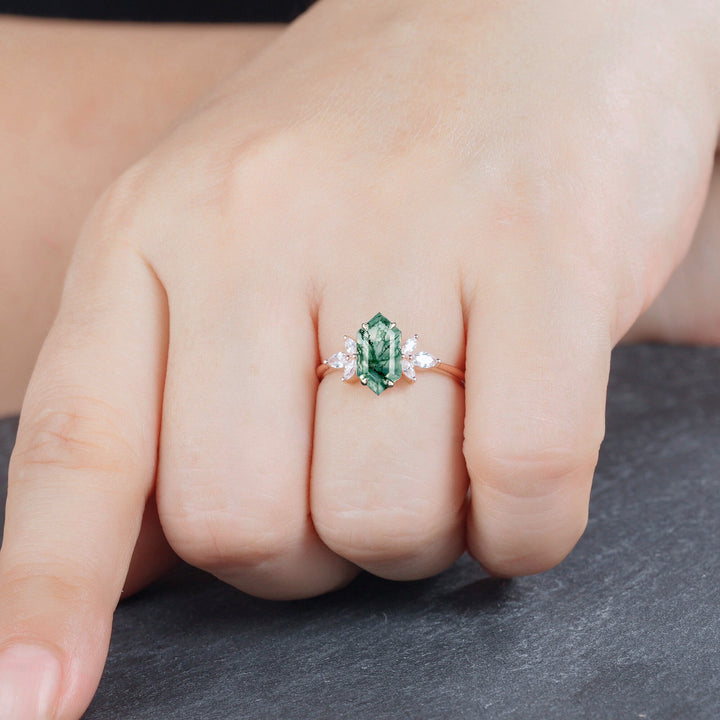 Vintage Hexagon Cut Moss Agate Cluster Engagement Ring, Yellow Gold Moss Agate Promise Ring, Silver Wedding Ring Anniversary Gift for Women - ShainJewelry