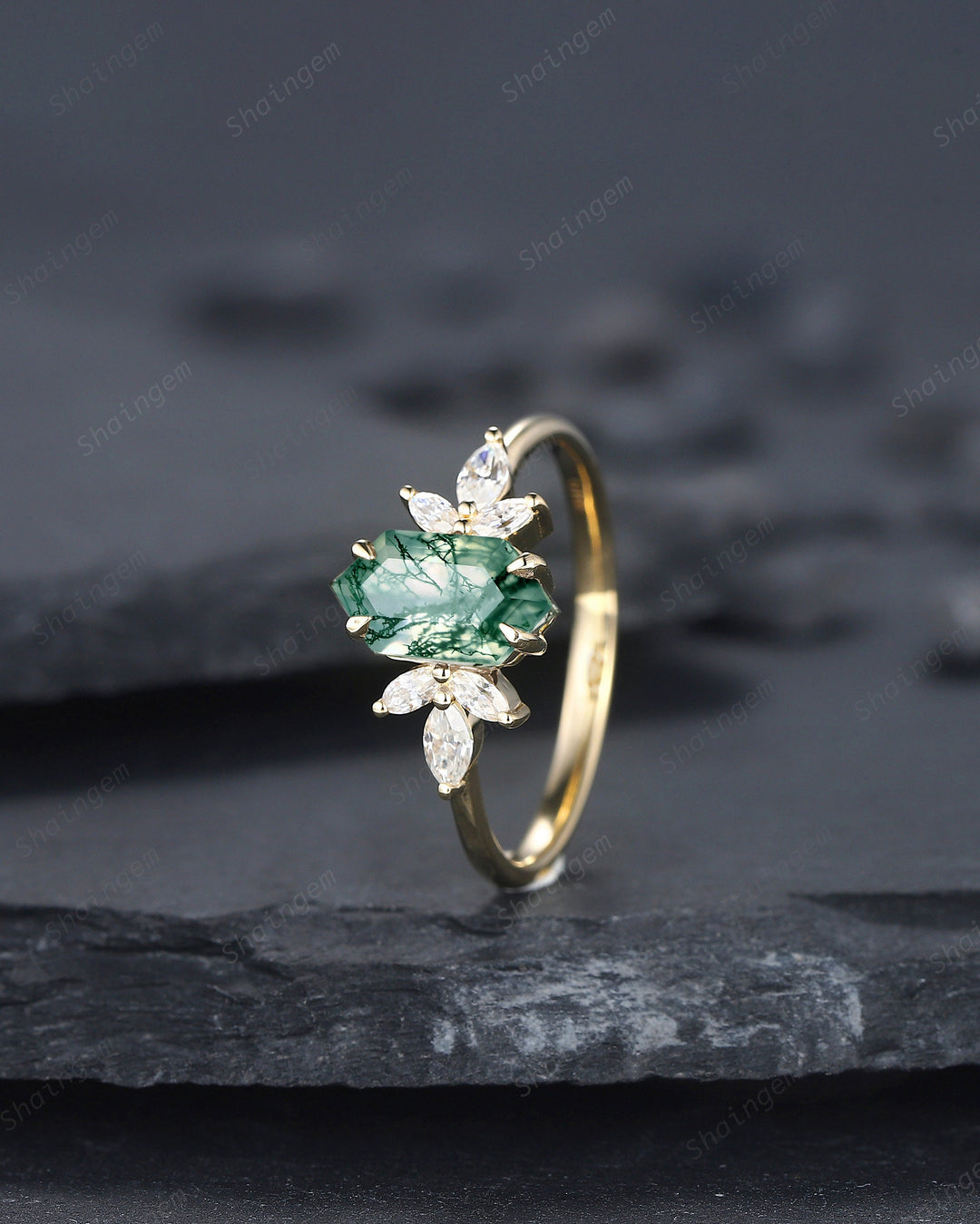 Vintage Hexagon Cut Moss Agate Cluster Engagement Ring, Yellow Gold Moss Agate Promise Ring, Silver Wedding Ring Anniversary Gift for Women - ShainJewelry