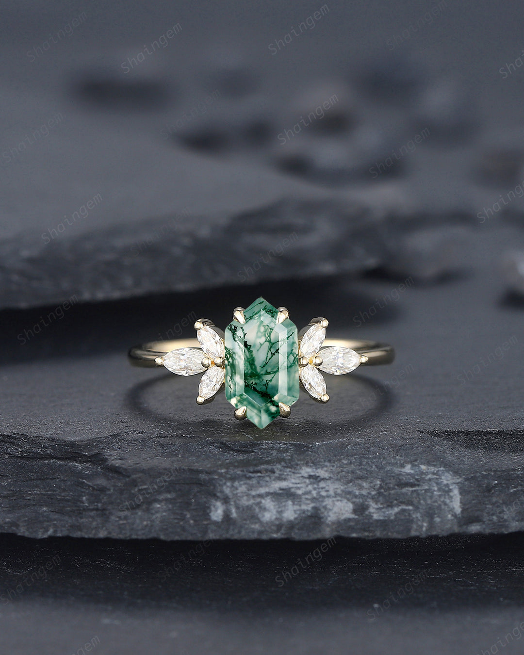 Vintage Hexagon Cut Moss Agate Cluster Engagement Ring, Yellow Gold Moss Agate Promise Ring, Silver Wedding Ring Anniversary Gift for Women - ShainJewelry