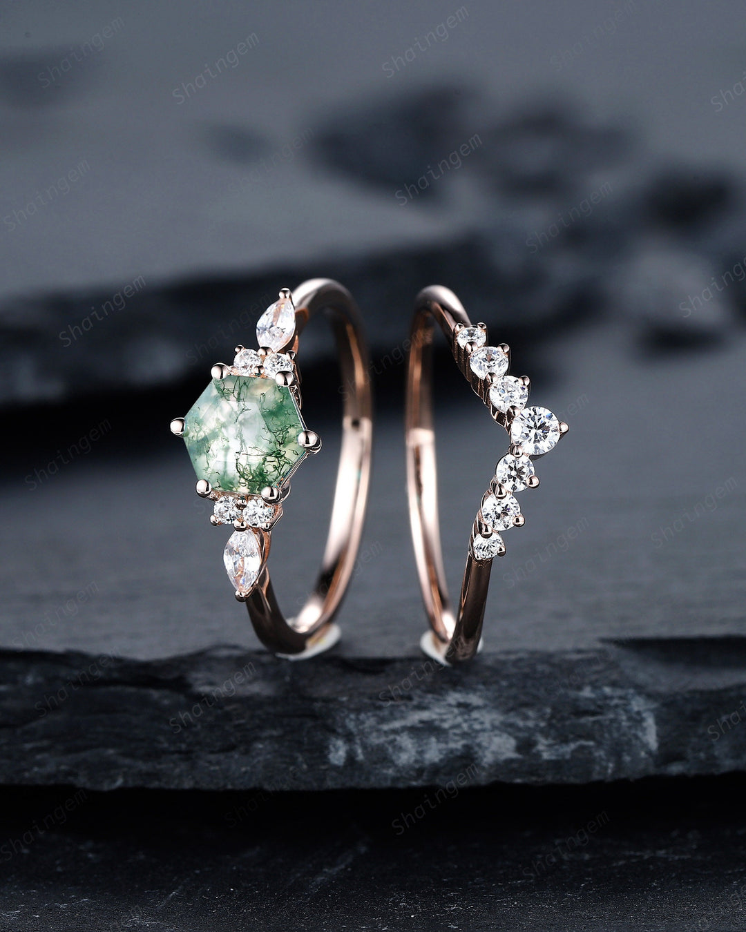 Hexagon Cut Moss Agate Engagement Ring, Vintage Rose Gold Moss Agate Promise Ring, Silver Wedding Ring Gift for Women - ShainJewelry