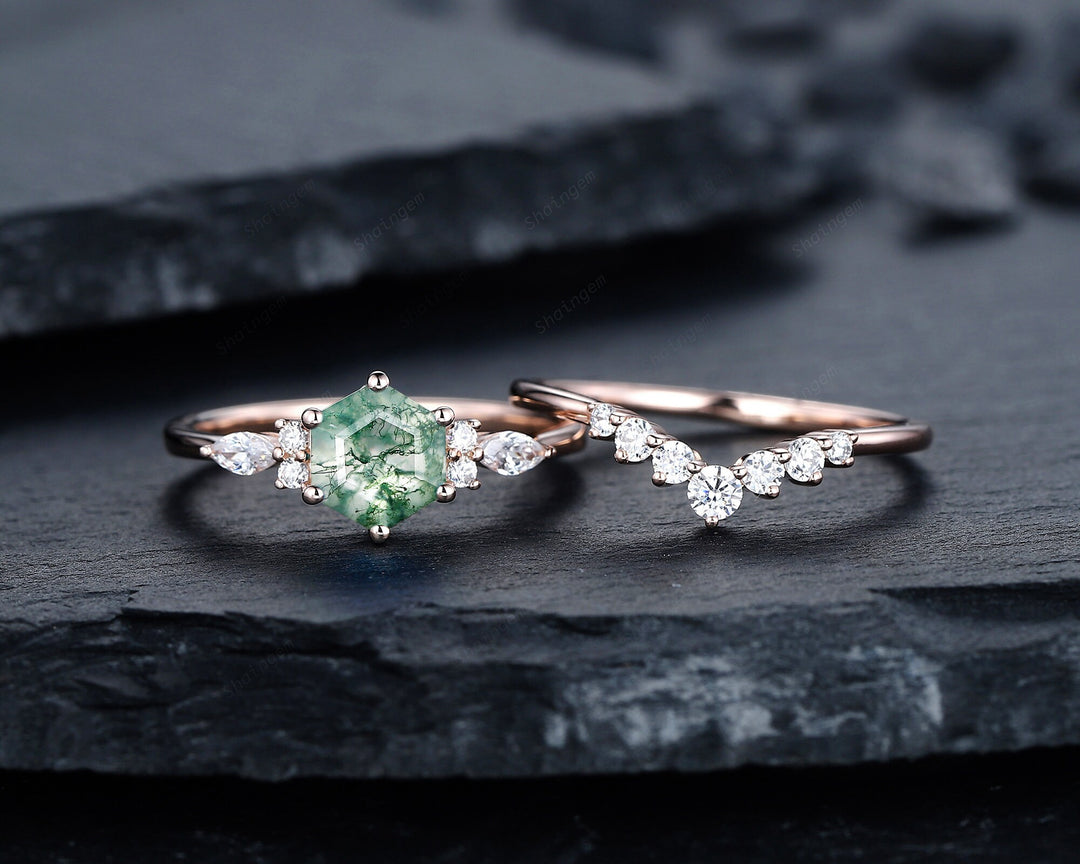 Hexagon Cut Moss Agate Engagement Ring, Vintage Rose Gold Moss Agate Promise Ring, Silver Wedding Ring Gift for Women - ShainJewelry