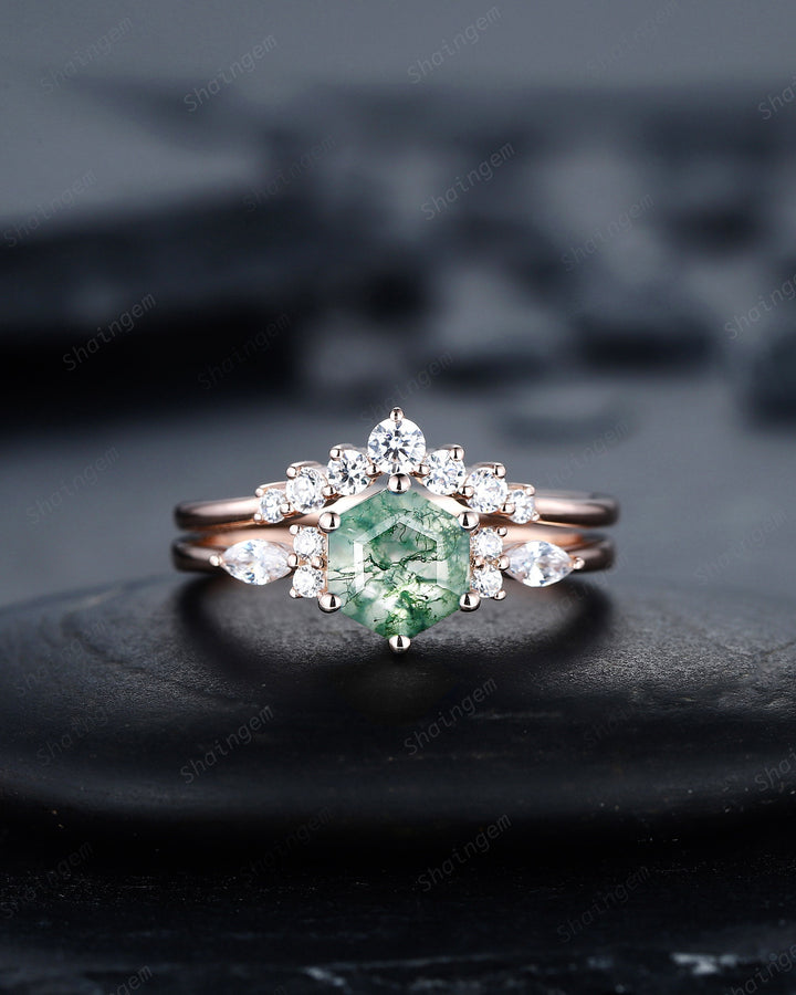 Hexagon Cut Moss Agate Engagement Ring, Vintage Rose Gold Moss Agate Promise Ring, Silver Wedding Ring Gift for Women - ShainJewelry