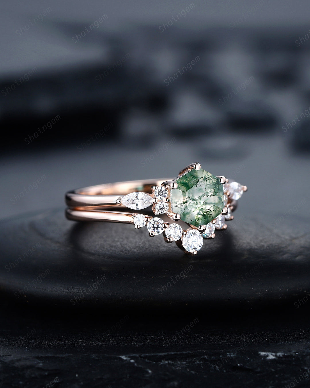 Hexagon Cut Moss Agate Engagement Ring, Vintage Rose Gold Moss Agate Promise Ring, Silver Wedding Ring Gift for Women - ShainJewelry