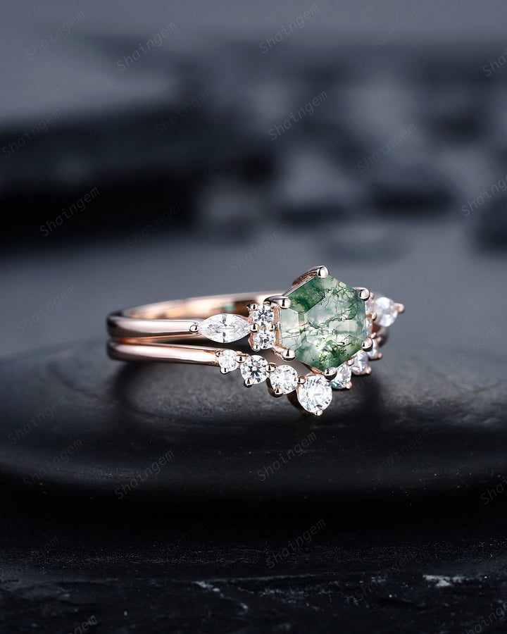 Hexagon Cut Moss Agate Engagement Ring, Vintage Rose Gold Moss Agate Promise Ring, Silver Wedding Ring Gift for Women - ShainJewelry