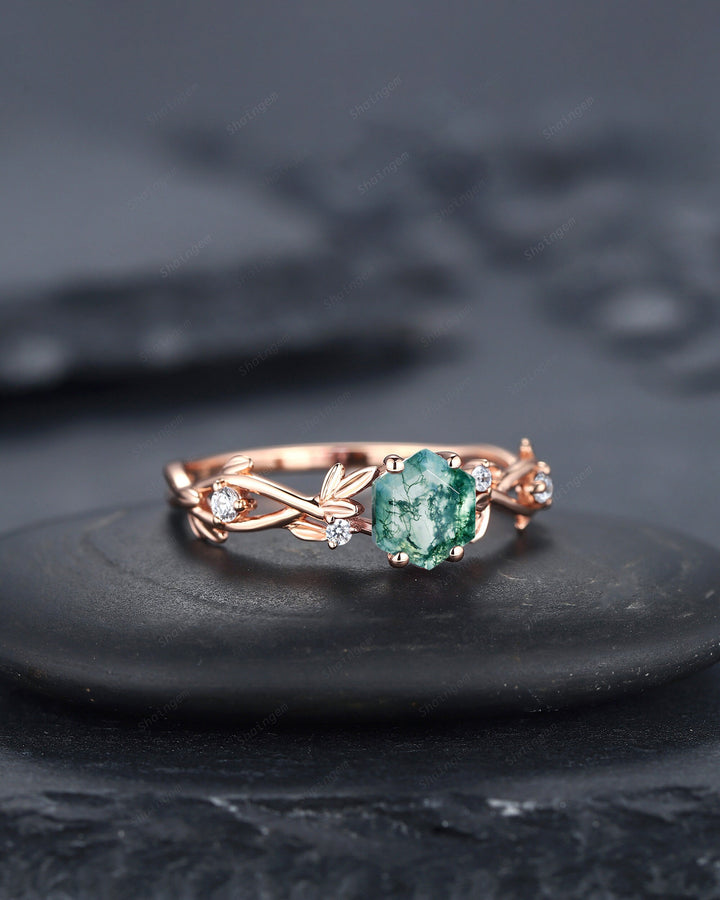 Unique Hexagon Cut Moss Agate Leaf Engagement Ring, Vintage 14K Rose Gold Twig Branch Promise Ring, Art Deco Silver Wedding Ring for Women - ShainJewelry