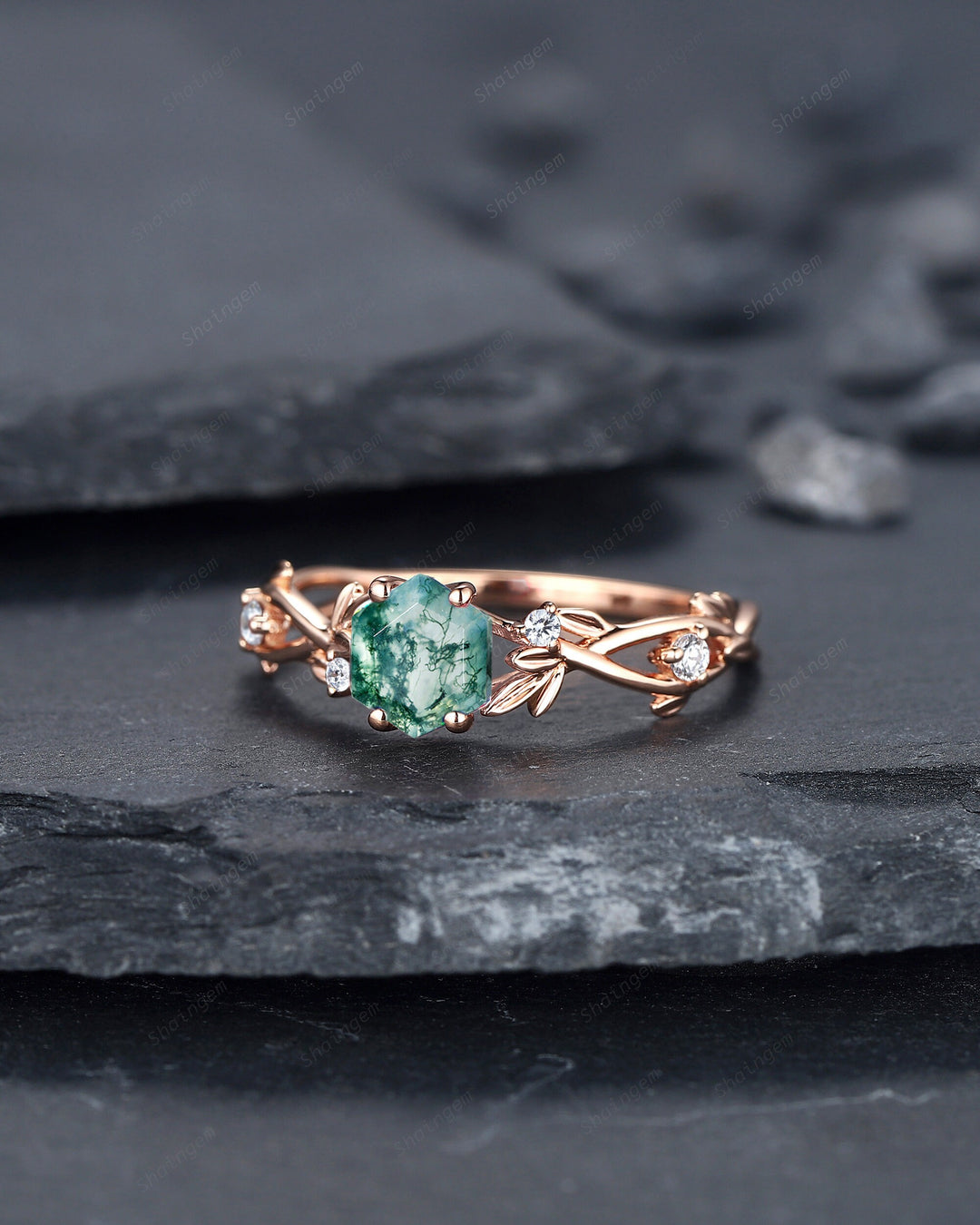 Unique Hexagon Cut Moss Agate Leaf Engagement Ring, Vintage 14K Rose Gold Twig Branch Promise Ring, Art Deco Silver Wedding Ring for Women - ShainJewelry