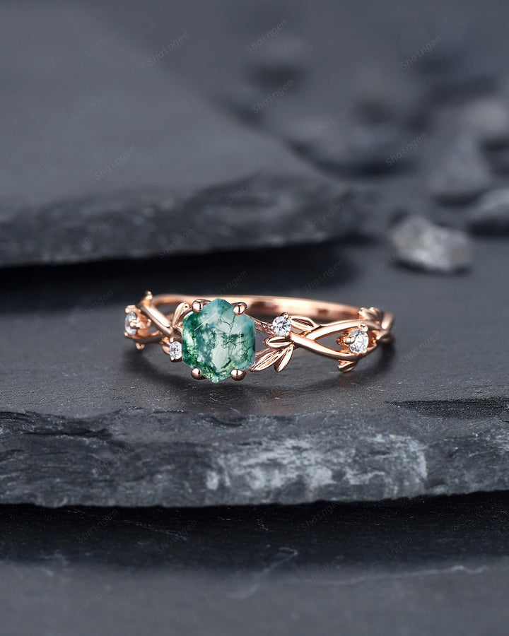 Unique Hexagon Cut Moss Agate Leaf Engagement Ring, Vintage 14K Rose Gold Twig Branch Promise Ring, Art Deco Silver Wedding Ring for Women - ShainJewelry