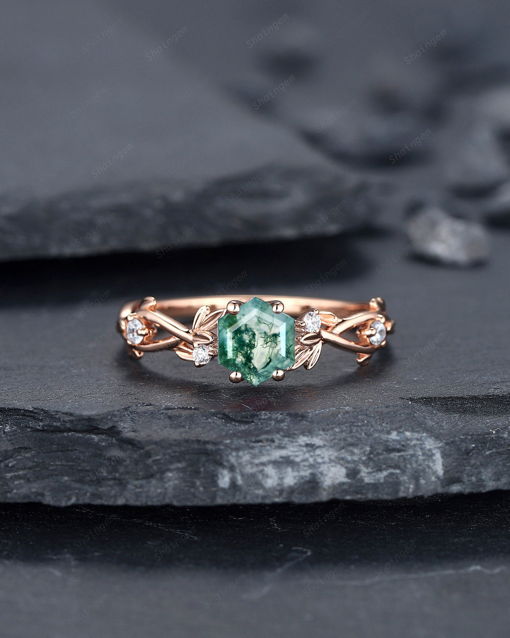 Unique Hexagon Cut Moss Agate Leaf Engagement Ring, Vintage 14K Rose Gold Twig Branch Promise Ring, Art Deco Silver Wedding Ring for Women - ShainJewelry