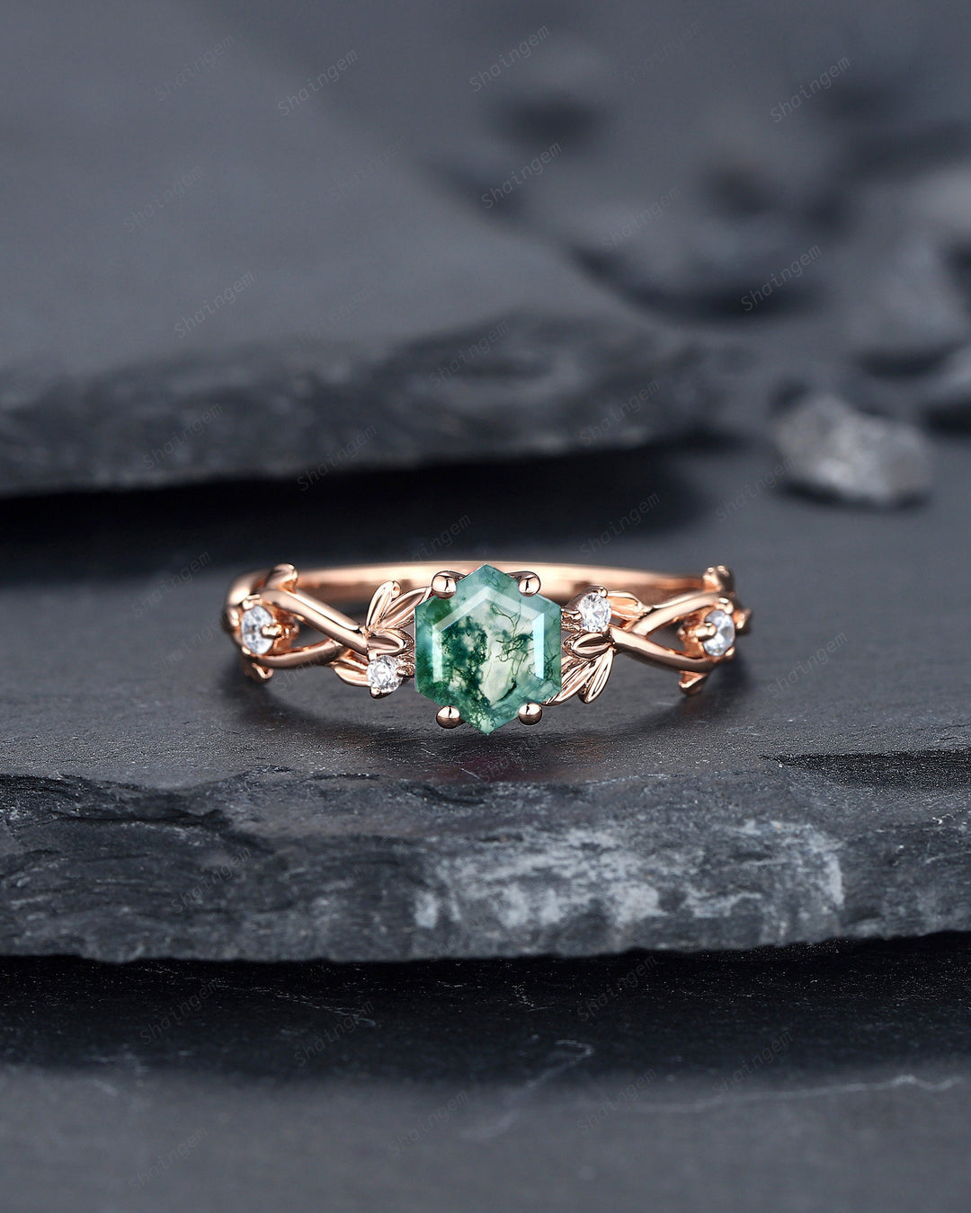 Unique Hexagon Cut Moss Agate Leaf Engagement Ring, Vintage 14K Rose Gold Twig Branch Promise Ring, Art Deco Silver Wedding Ring for Women - ShainJewelry