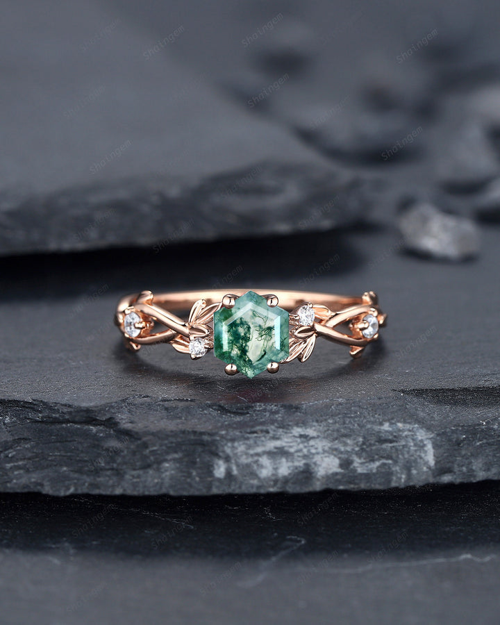Unique Hexagon Cut Moss Agate Leaf Engagement Ring, Vintage 14K Rose Gold Twig Branch Promise Ring, Art Deco Silver Wedding Ring for Women - ShainJewelry