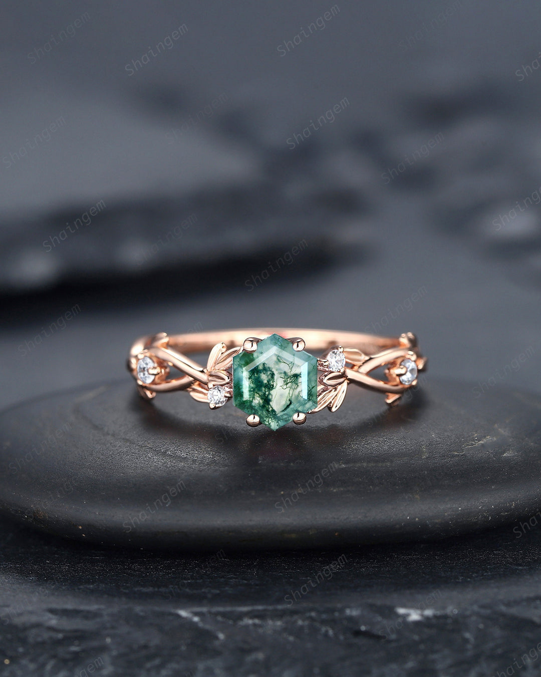 Unique Hexagon Cut Moss Agate Leaf Engagement Ring, Vintage 14K Rose Gold Twig Branch Promise Ring, Art Deco Silver Wedding Ring for Women - ShainJewelry