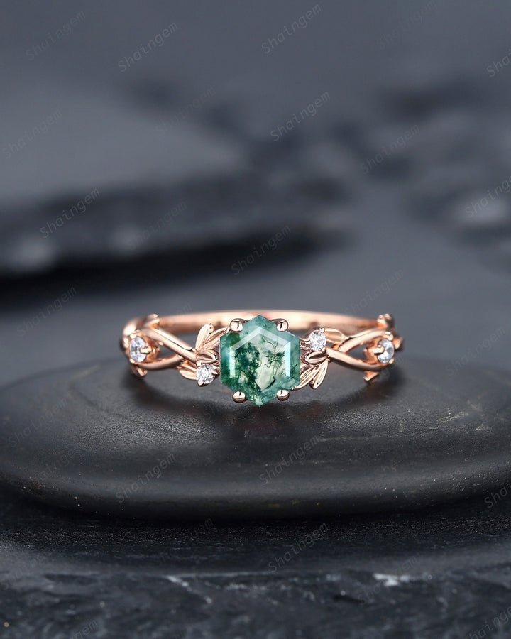 Unique Hexagon Cut Moss Agate Leaf Engagement Ring, Vintage 14K Rose Gold Twig Branch Promise Ring, Art Deco Silver Wedding Ring for Women - ShainJewelry