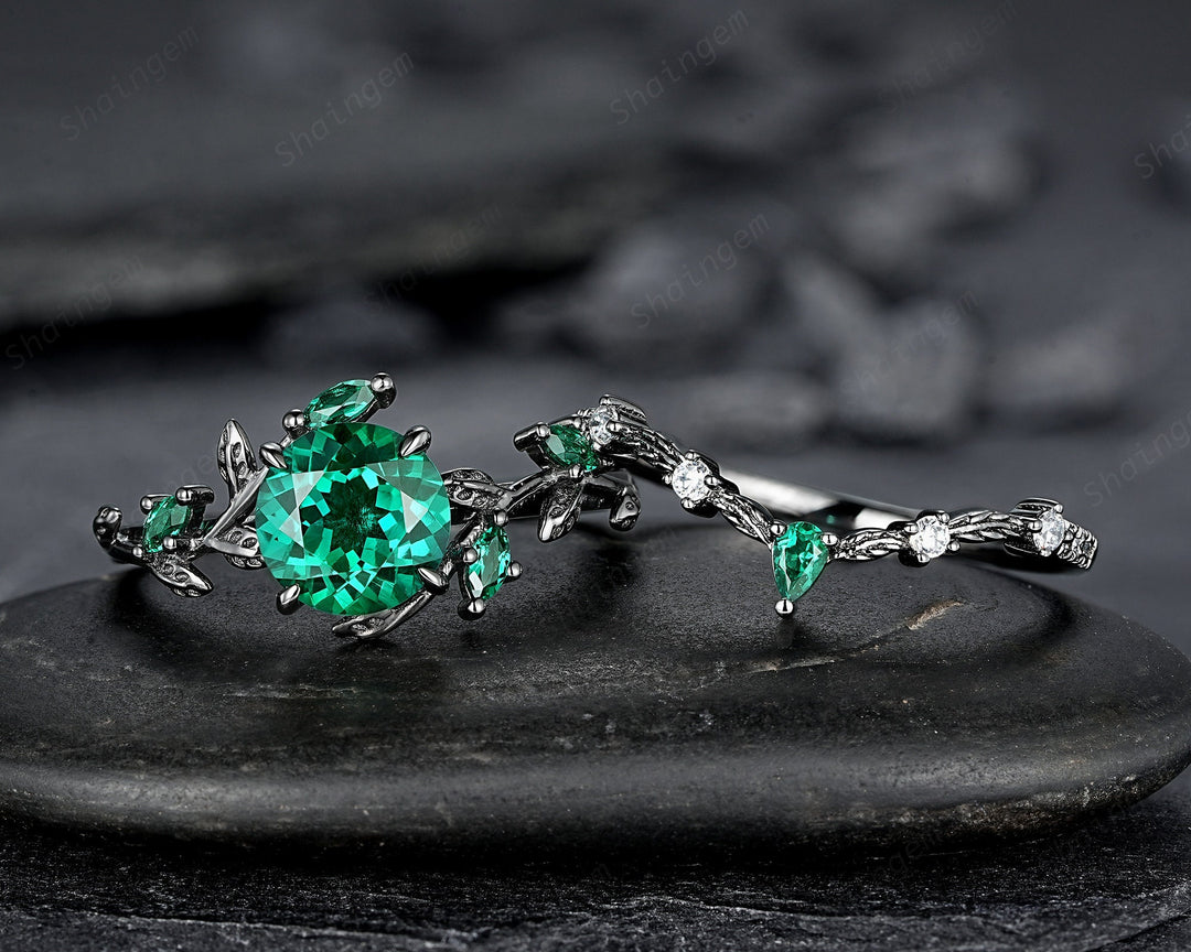 Vintage Black Gold Round Shape Emerald Leaf Engagement Ring, Unique Rhodium Black Twig Branch Wedding Set Witchy Promise Ring Gift for Women - ShainJewelry
