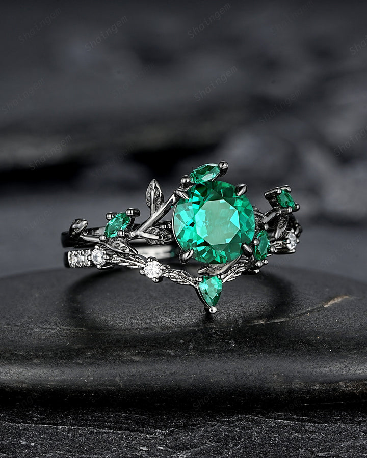 Vintage Black Gold Round Shape Emerald Leaf Engagement Ring, Unique Rhodium Black Twig Branch Wedding Set Witchy Promise Ring Gift for Women - ShainJewelry