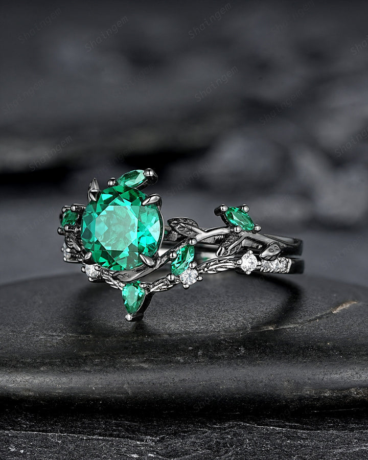 Vintage Black Gold Round Shape Emerald Leaf Engagement Ring, Unique Rhodium Black Twig Branch Wedding Set Witchy Promise Ring Gift for Women - ShainJewelry