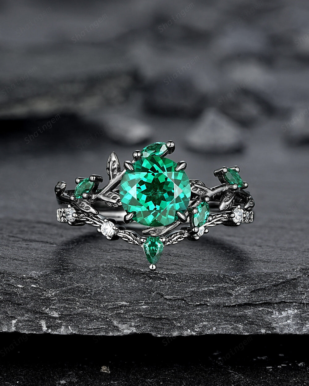 Vintage Black Gold Round Shape Emerald Leaf Engagement Ring, Unique Rhodium Black Twig Branch Wedding Set Witchy Promise Ring Gift for Women - ShainJewelry