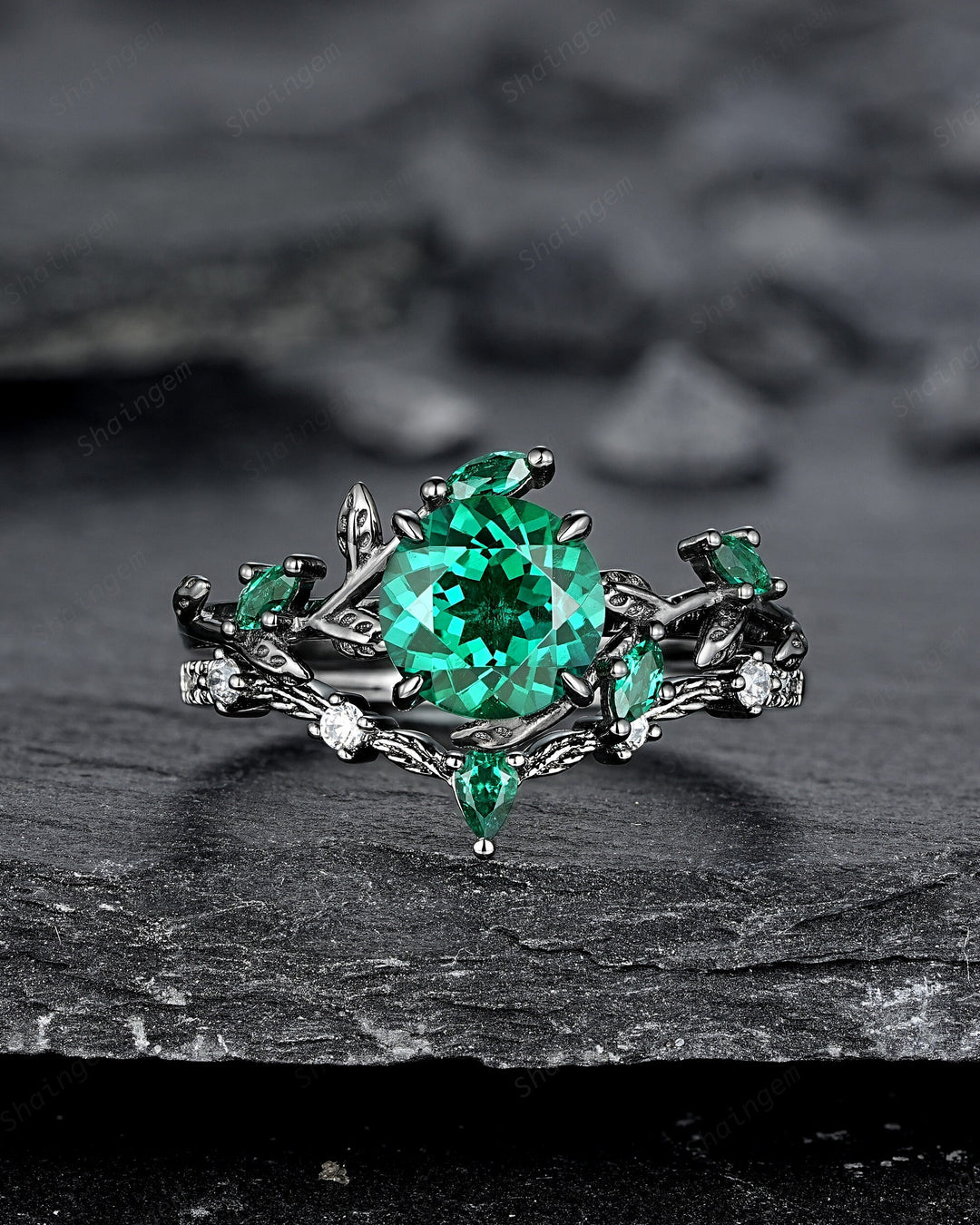 Vintage Black Gold Round Shape Emerald Leaf Engagement Ring, Unique Rhodium Black Twig Branch Wedding Set Witchy Promise Ring Gift for Women - ShainJewelry