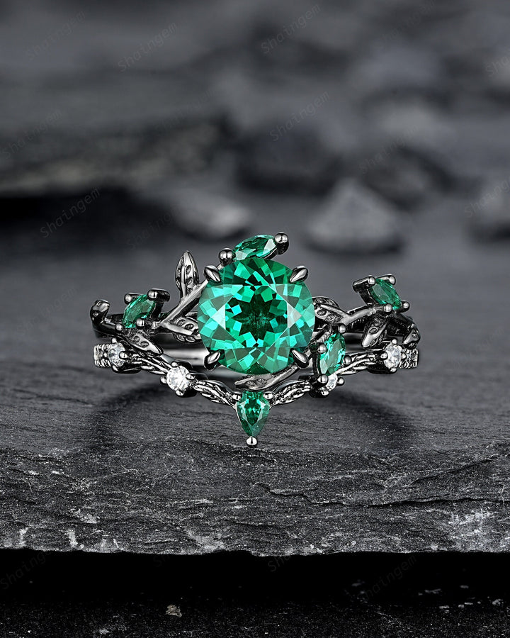 Vintage Black Gold Round Shape Emerald Leaf Engagement Ring, Unique Rhodium Black Twig Branch Wedding Set Witchy Promise Ring Gift for Women - ShainJewelry