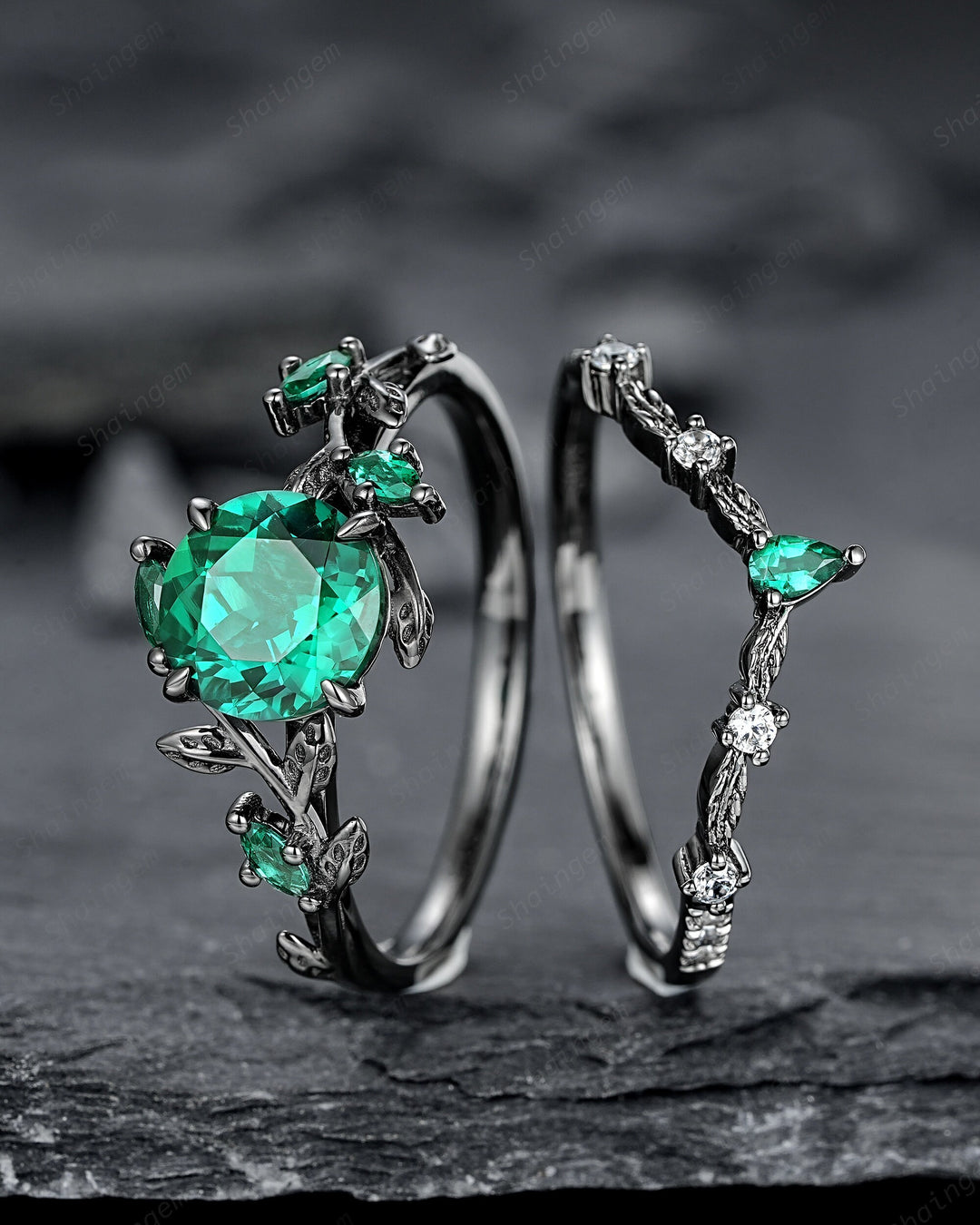 Vintage Black Gold Round Shape Emerald Leaf Engagement Ring, Unique Rhodium Black Twig Branch Wedding Set Witchy Promise Ring Gift for Women - ShainJewelry