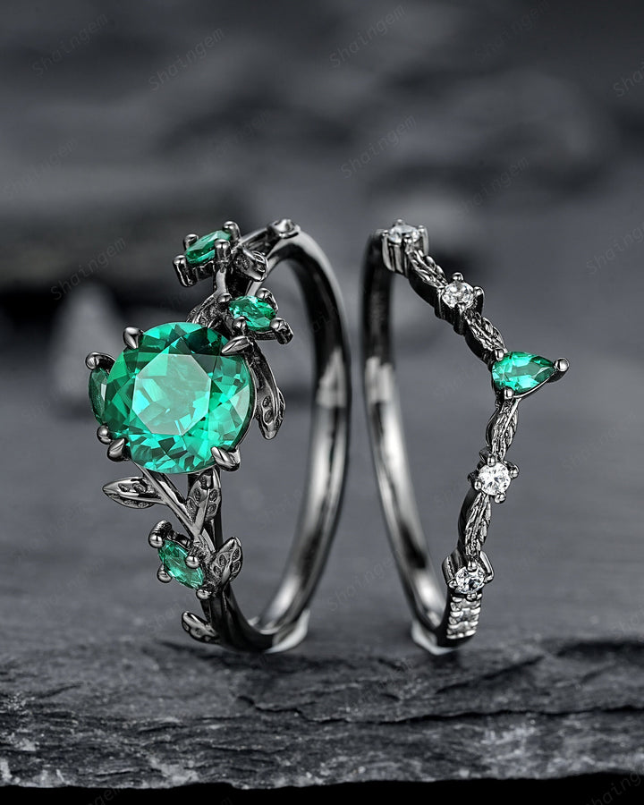 Vintage Black Gold Round Shape Emerald Leaf Engagement Ring, Unique Rhodium Black Twig Branch Wedding Set Witchy Promise Ring Gift for Women - ShainJewelry