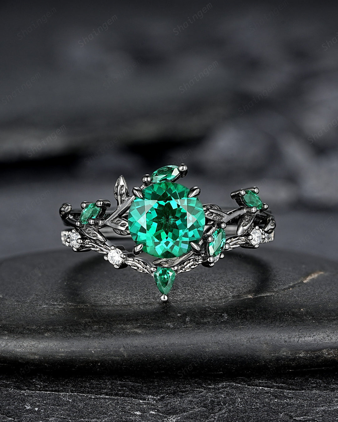 Vintage Black Gold Round Shape Emerald Leaf Engagement Ring, Unique Rhodium Black Twig Branch Wedding Set Witchy Promise Ring Gift for Women - ShainJewelry