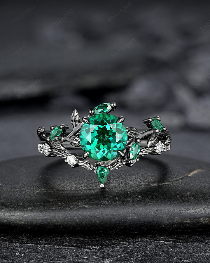 Vintage Black Gold Round Shape Emerald Leaf Engagement Ring, Unique Rhodium Black Twig Branch Wedding Set Witchy Promise Ring Gift for Women - ShainJewelry