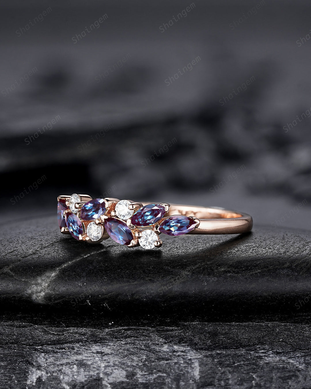 Dainty Marquise Alexandrite Engagement Ring, Rose gold Matching Band, Half Eternity Wedding Band, June Birthstone Promise Ring Enhancer - ShainJewelry