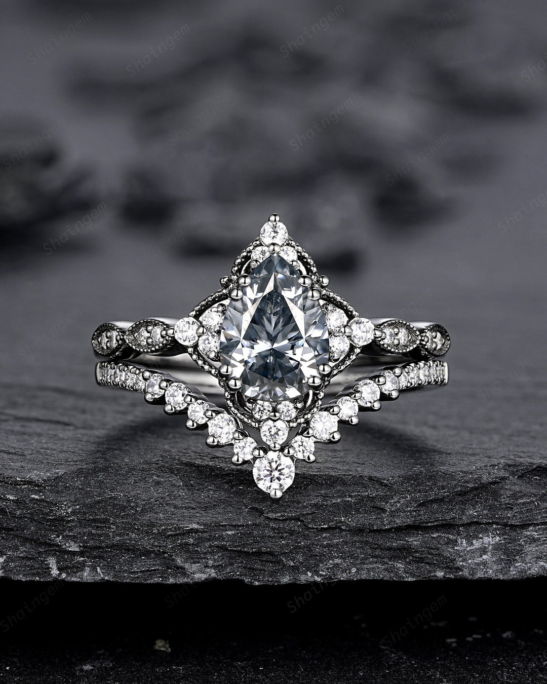 Unique Black Gold Pear Shape Gray Moissanite Engagement Ring Set, Witchy Black Floral Promise Ring, Gothic Black Wedding Ring Gift for Women - ShainJewelry