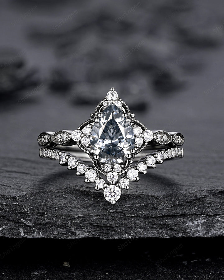 Unique Black Gold Pear Shape Gray Moissanite Engagement Ring Set, Witchy Black Floral Promise Ring, Gothic Black Wedding Ring Gift for Women - ShainJewelry