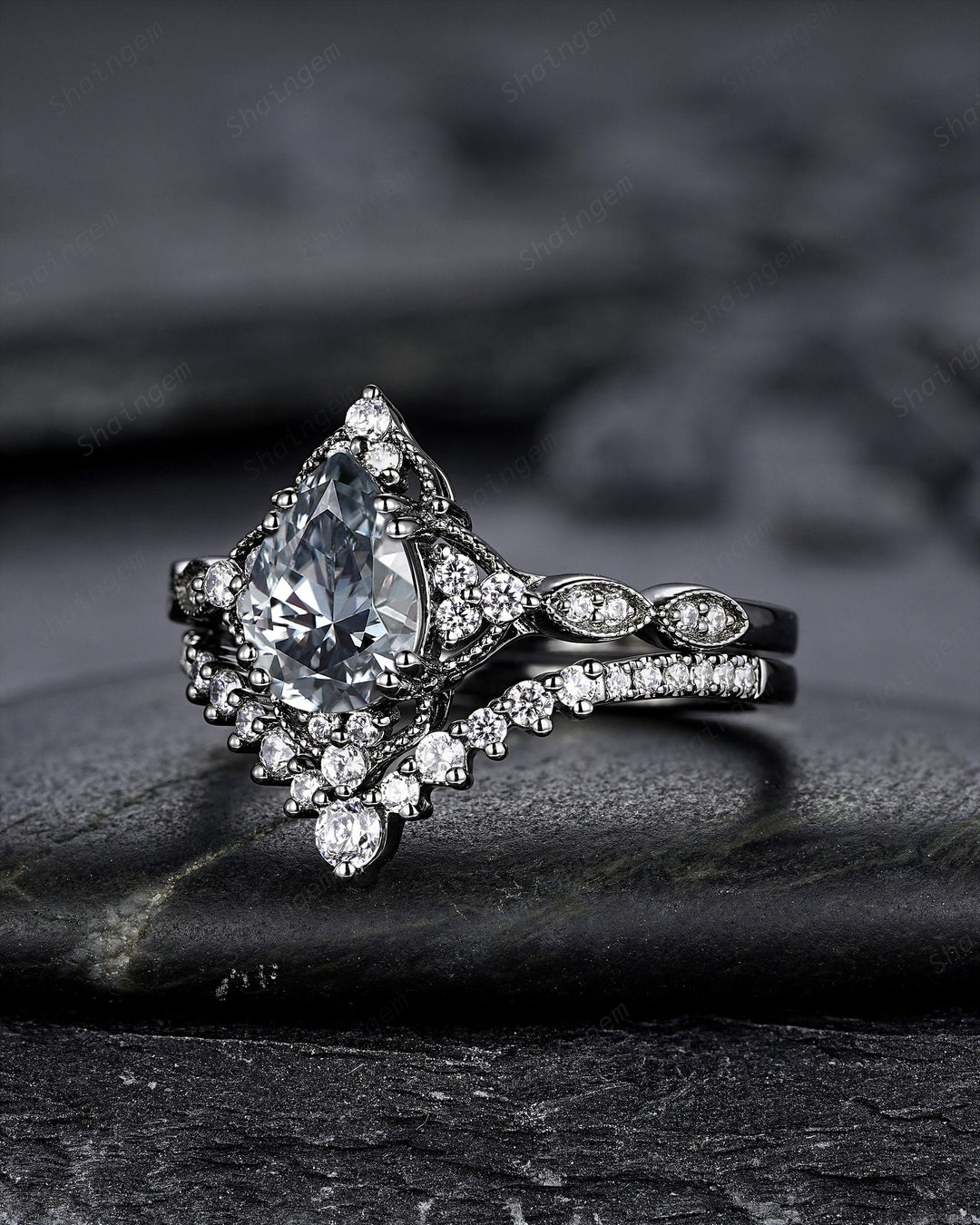 Unique Black Gold Pear Shape Gray Moissanite Engagement Ring Set, Witchy Black Floral Promise Ring, Gothic Black Wedding Ring Gift for Women - ShainJewelry
