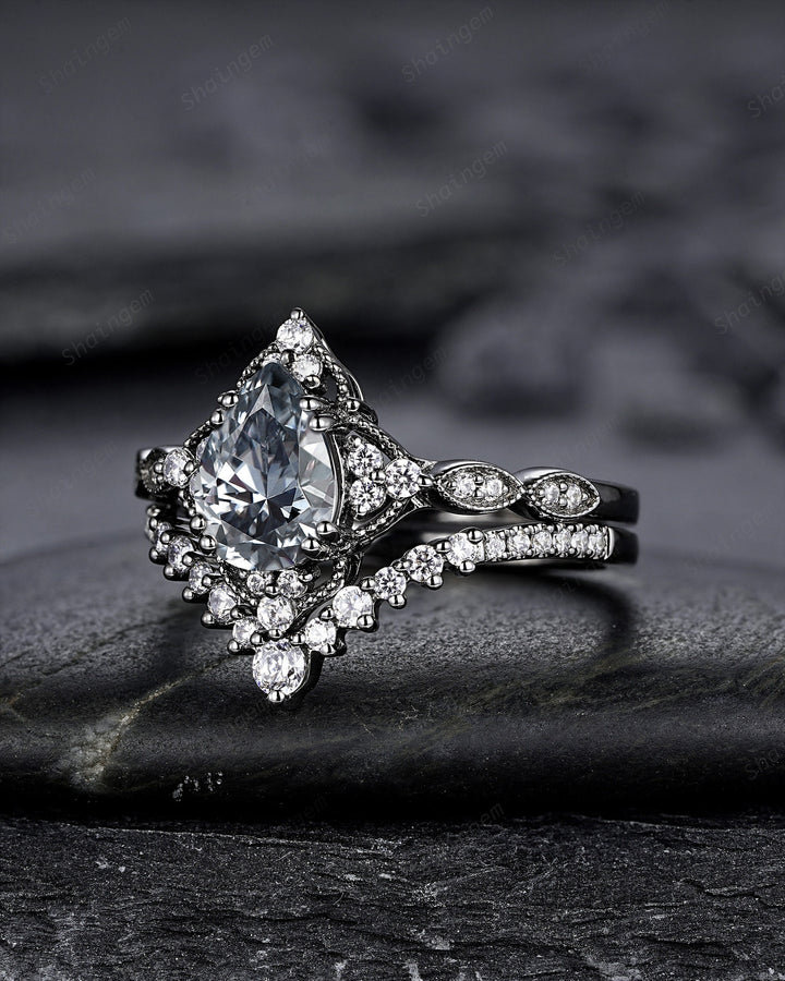 Unique Black Gold Pear Shape Gray Moissanite Engagement Ring Set, Witchy Black Floral Promise Ring, Gothic Black Wedding Ring Gift for Women - ShainJewelry