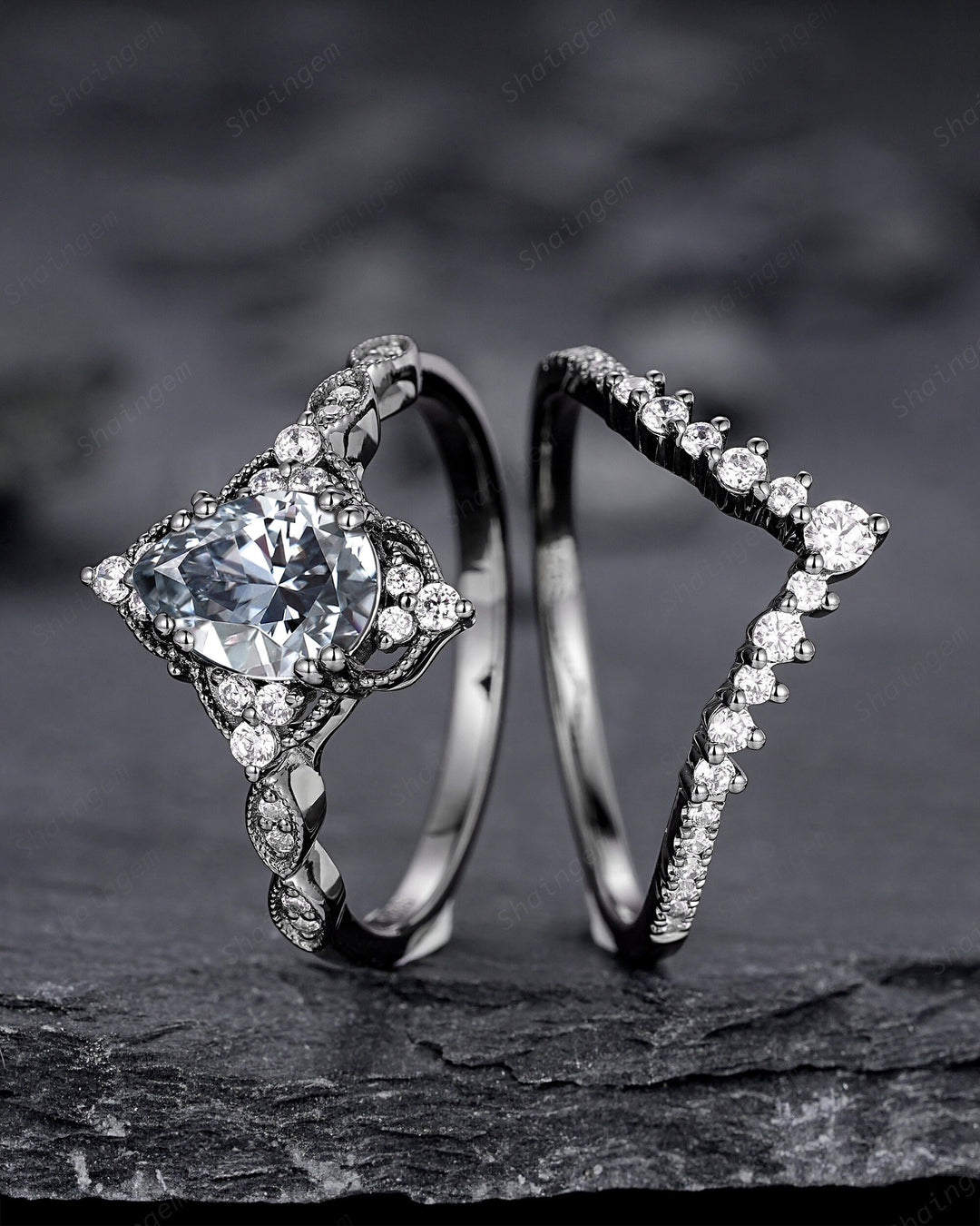 Unique Black Gold Pear Shape Gray Moissanite Engagement Ring Set, Witchy Black Floral Promise Ring, Gothic Black Wedding Ring Gift for Women - ShainJewelry