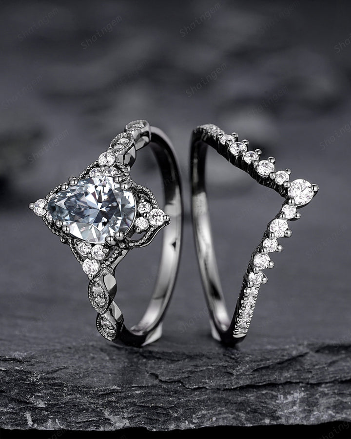 Unique Black Gold Pear Shape Gray Moissanite Engagement Ring Set, Witchy Black Floral Promise Ring, Gothic Black Wedding Ring Gift for Women - ShainJewelry
