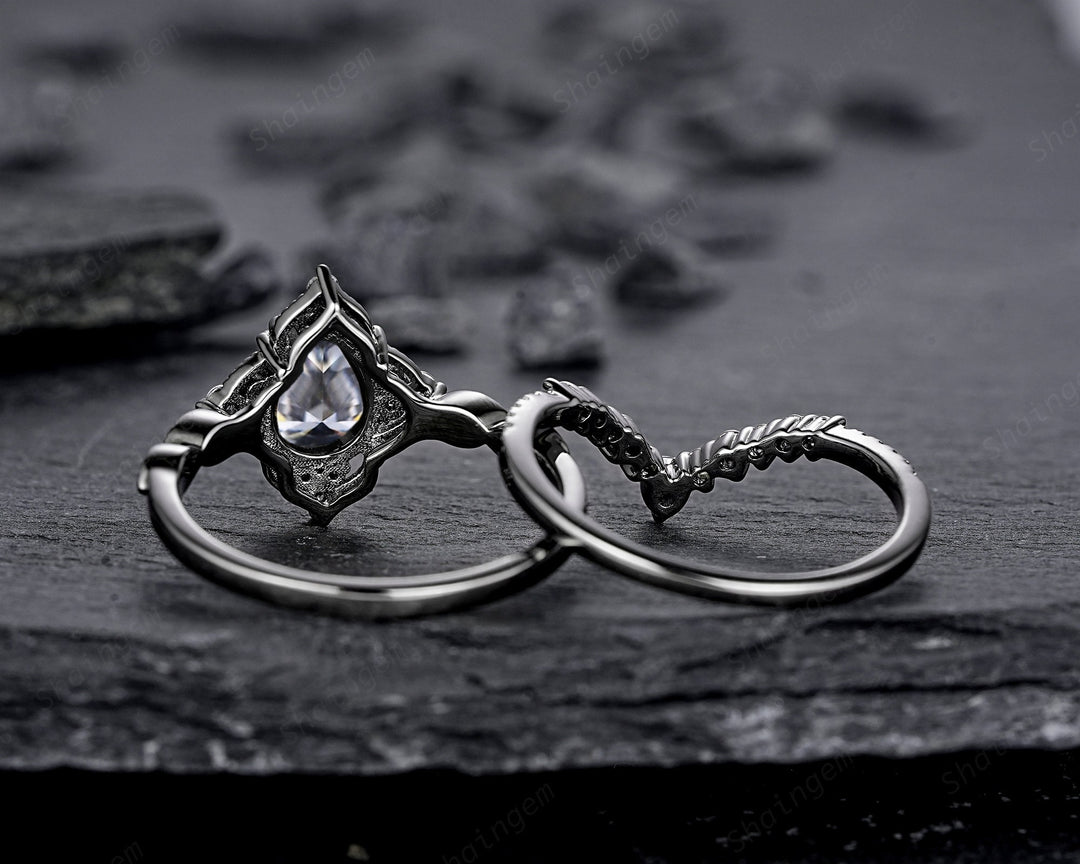 Unique Black Gold Pear Shape Gray Moissanite Engagement Ring Set, Witchy Black Floral Promise Ring, Gothic Black Wedding Ring Gift for Women - ShainJewelry