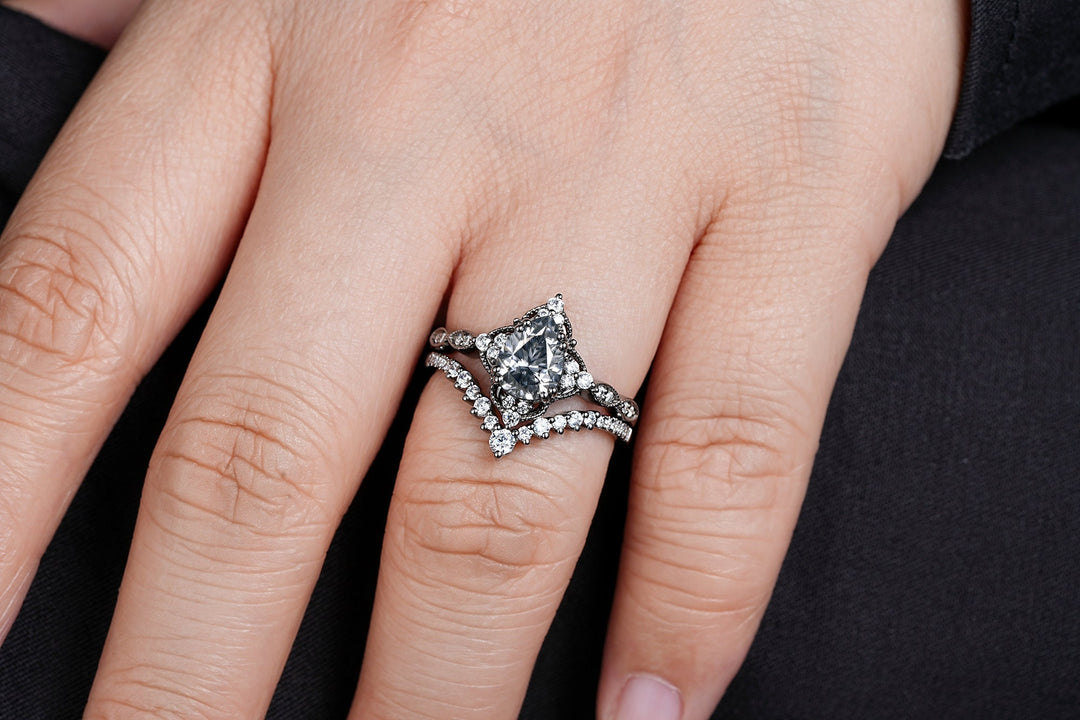 Unique Black Gold Pear Shape Gray Moissanite Engagement Ring Set, Witchy Black Floral Promise Ring, Gothic Black Wedding Ring Gift for Women - ShainJewelry