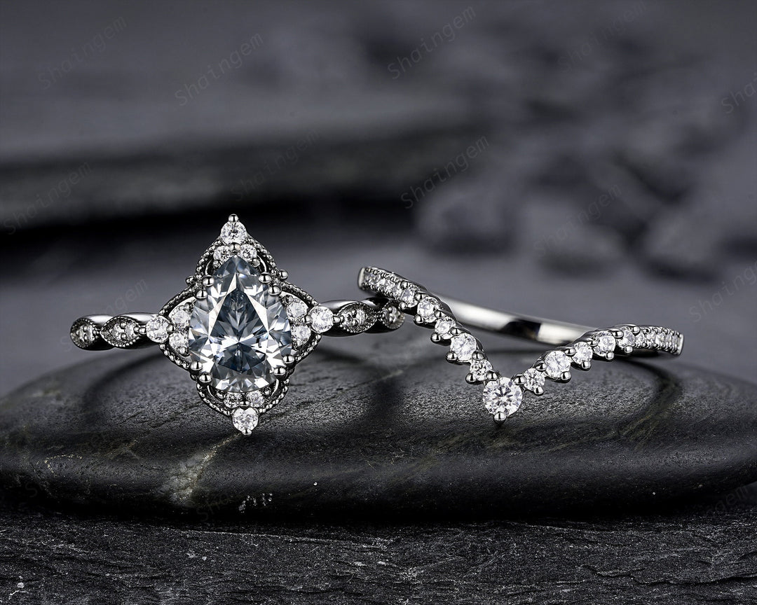 Unique Black Gold Pear Shape Gray Moissanite Engagement Ring Set, Witchy Black Floral Promise Ring, Gothic Black Wedding Ring Gift for Women - ShainJewelry