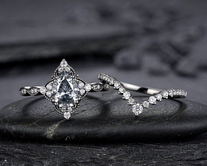Unique Black Gold Pear Shape Gray Moissanite Engagement Ring Set, Witchy Black Floral Promise Ring, Gothic Black Wedding Ring Gift for Women - ShainJewelry