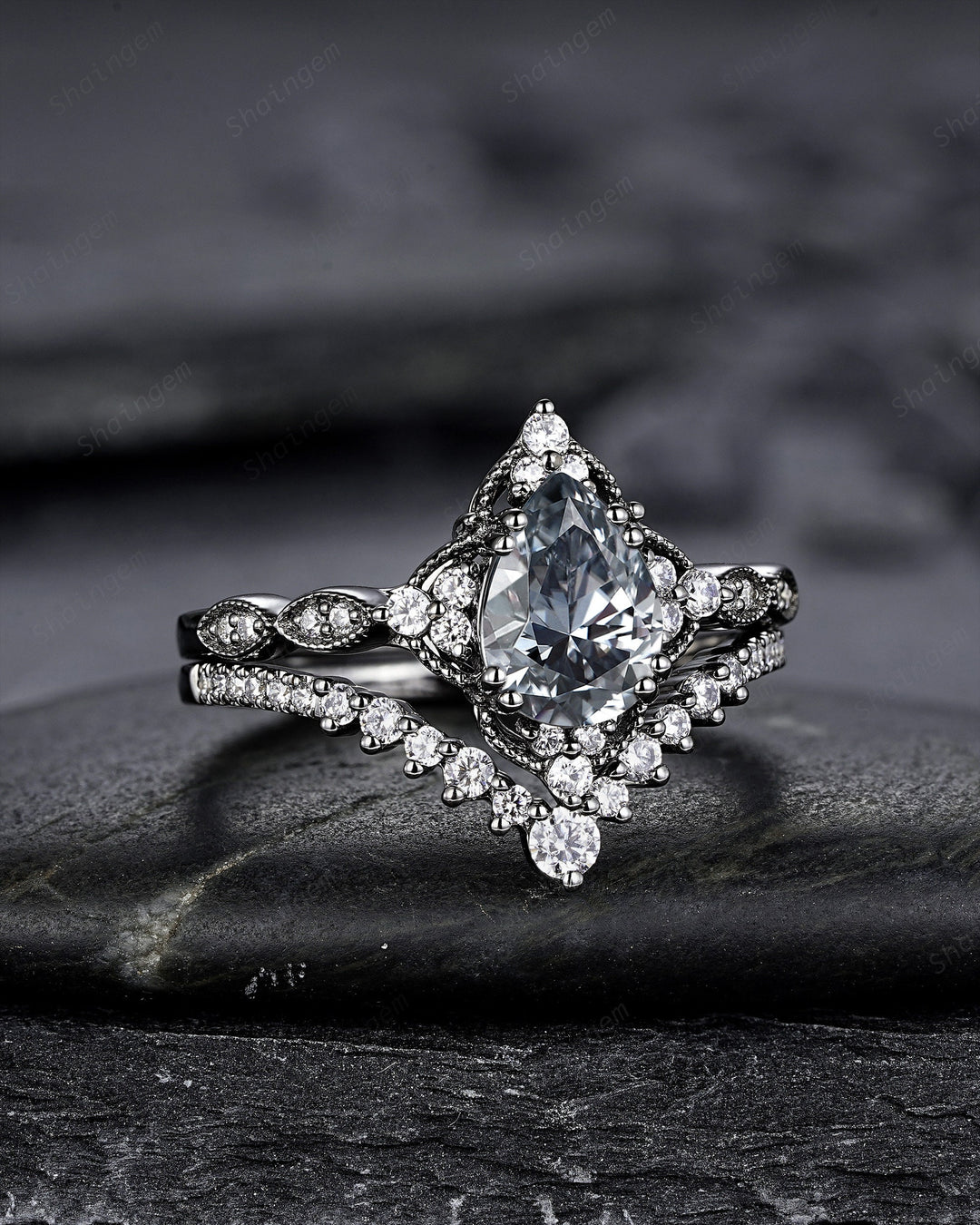 Unique Black Gold Pear Shape Gray Moissanite Engagement Ring Set, Witchy Black Floral Promise Ring, Gothic Black Wedding Ring Gift for Women - ShainJewelry