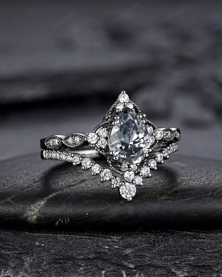 Unique Black Gold Pear Shape Gray Moissanite Engagement Ring Set, Witchy Black Floral Promise Ring, Gothic Black Wedding Ring Gift for Women - ShainJewelry