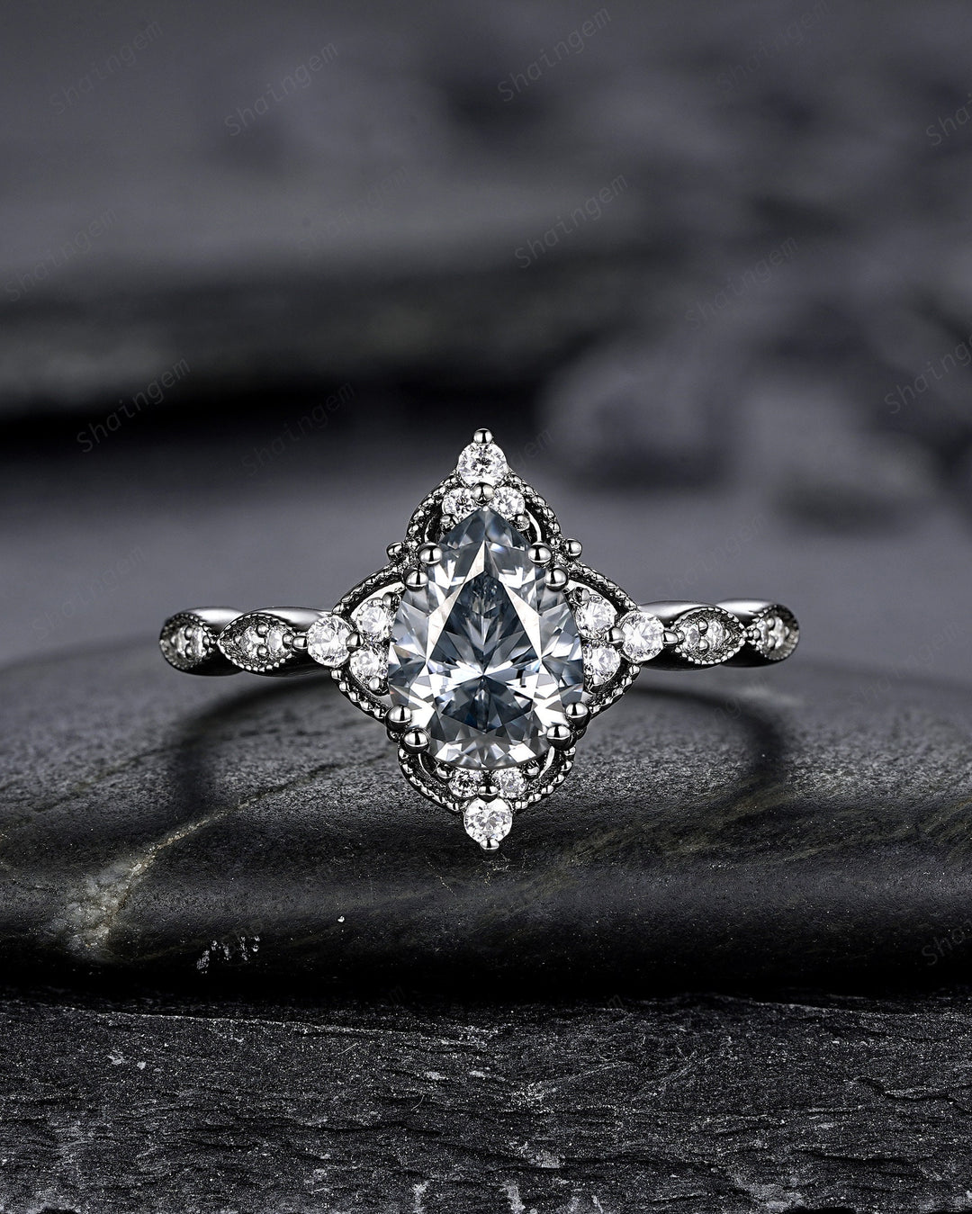 Unique Black Gold Pear Shape Gray Moissanite Engagement Ring Set, Witchy Black Floral Promise Ring, Gothic Black Wedding Ring Gift for Women - ShainJewelry