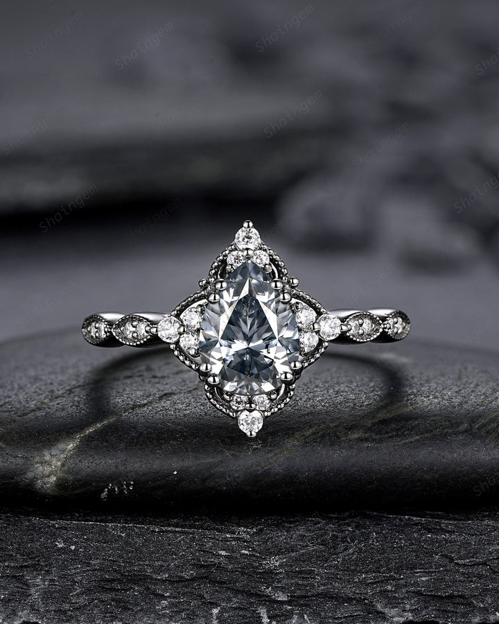 Unique Black Gold Pear Shape Gray Moissanite Engagement Ring Set, Witchy Black Floral Promise Ring, Gothic Black Wedding Ring Gift for Women - ShainJewelry