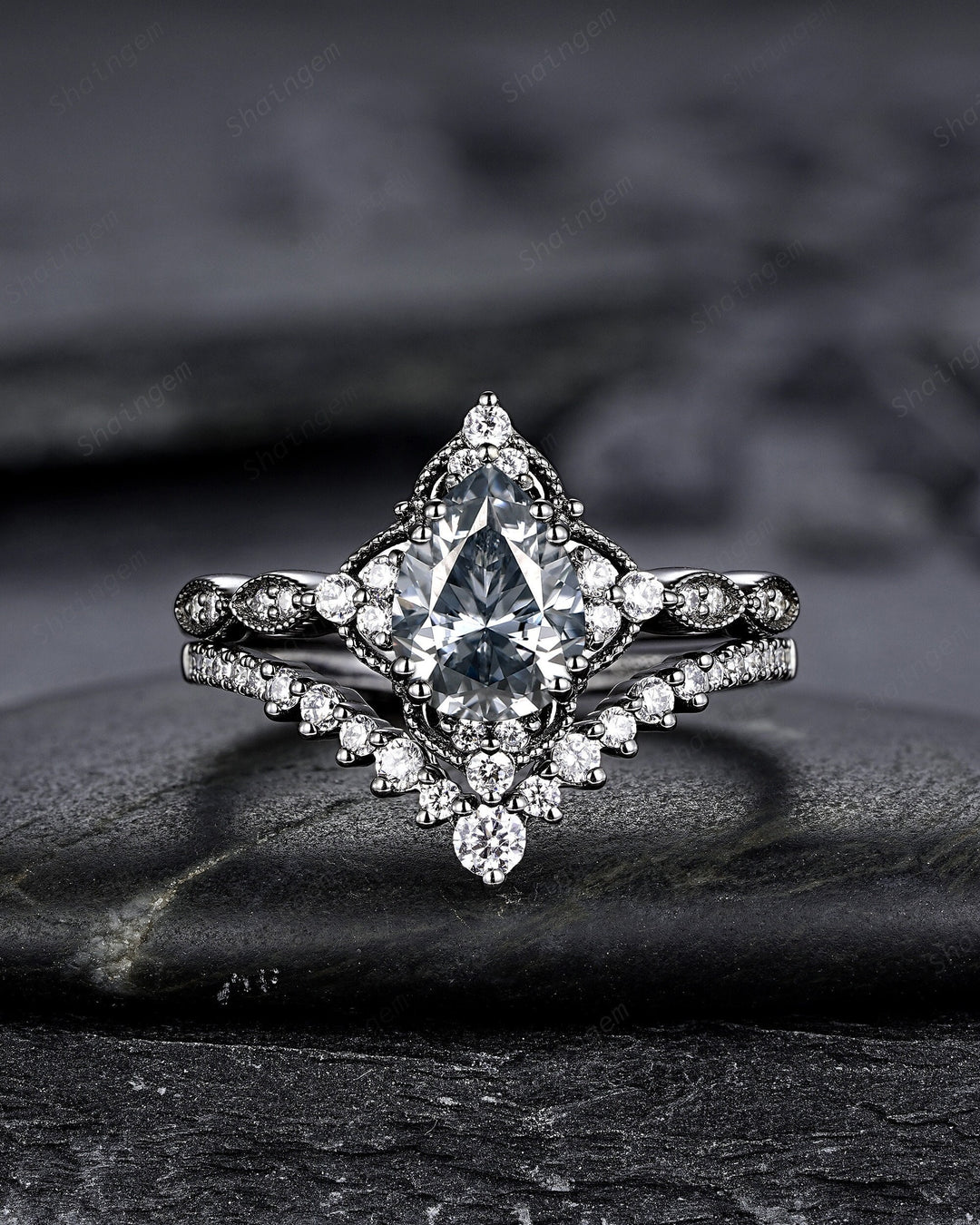 Unique Black Gold Pear Shape Gray Moissanite Engagement Ring Set, Witchy Black Floral Promise Ring, Gothic Black Wedding Ring Gift for Women - ShainJewelry