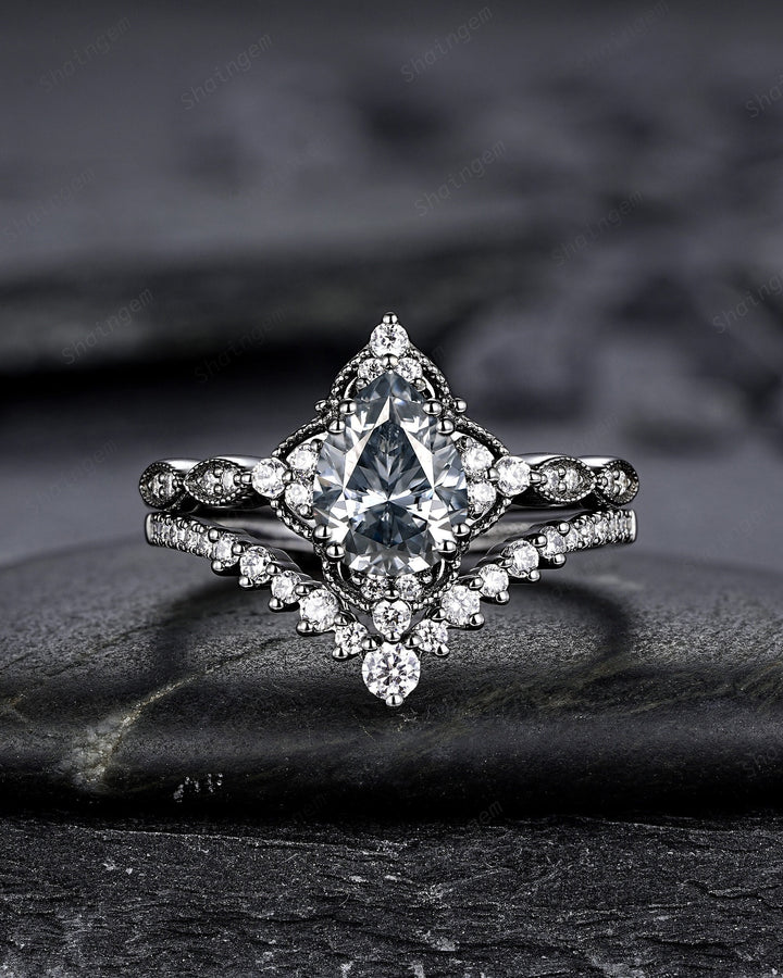 Unique Black Gold Pear Shape Gray Moissanite Engagement Ring Set, Witchy Black Floral Promise Ring, Gothic Black Wedding Ring Gift for Women - ShainJewelry