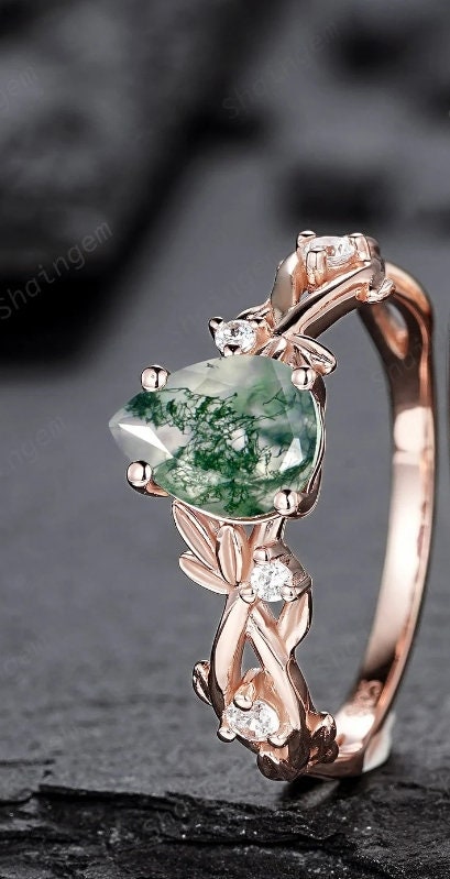 Nature Inspired Pear Cut Moss Agate Engagement Ring, 14K Rose Gold Leaf Vine Promise Wedding Ring, Unique Personalized Jewelry for Women - ShainJewelry