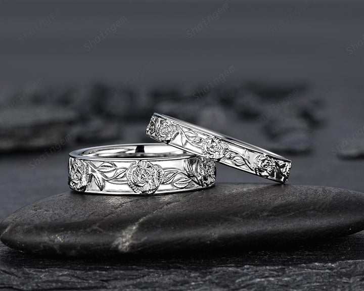 His and Hers Full Eternity Carnation January Birth Flower Couple Ring Set, White Gold Wedding Band, Nature Inspired Leaf Vine Matching Band - ShainJewelry