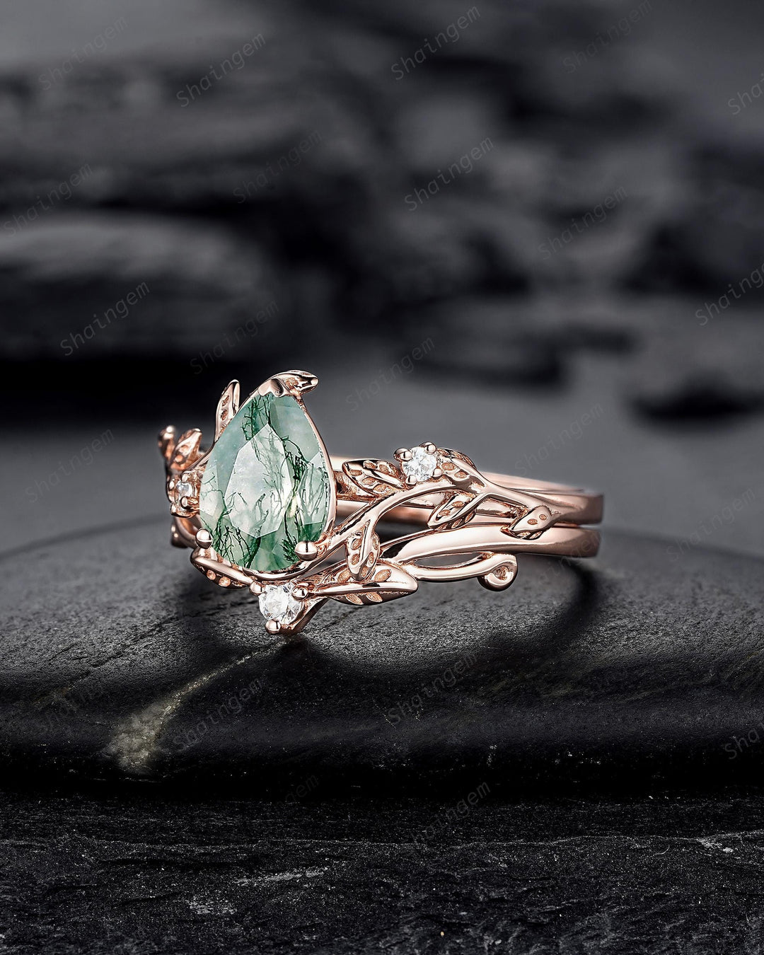 Nature Inspired Pear Cut Moss Agate Engagement Ring, Rose Gold Leaf Vine Promise Wedding Ring, Unique Twig Branch Bridal Ring Gift for Women - ShainJewelry