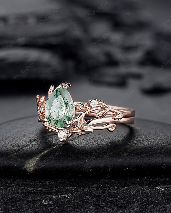 Nature Inspired Pear Cut Moss Agate Engagement Ring, Rose Gold Leaf Vine Promise Wedding Ring, Unique Twig Branch Bridal Ring Gift for Women - ShainJewelry