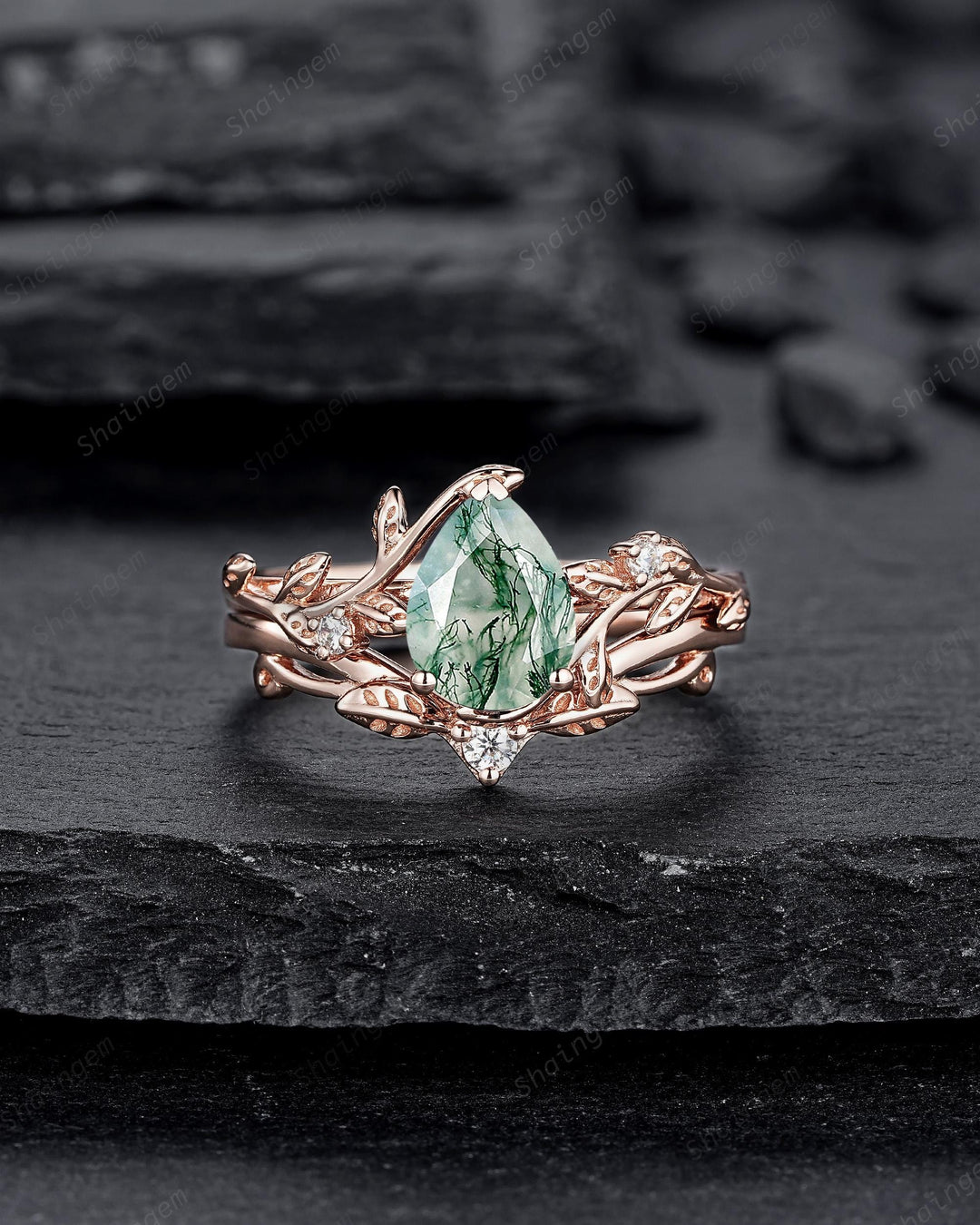 Nature Inspired Pear Cut Moss Agate Engagement Ring, Rose Gold Leaf Vine Promise Wedding Ring, Unique Twig Branch Bridal Ring Gift for Women - ShainJewelry