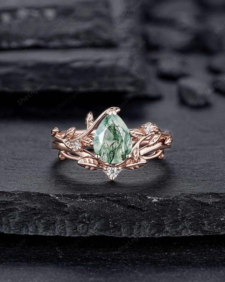Nature Inspired Pear Cut Moss Agate Engagement Ring, Rose Gold Leaf Vine Promise Wedding Ring, Unique Twig Branch Bridal Ring Gift for Women - ShainJewelry