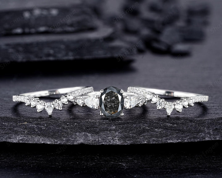 Oval Shape Salt and Pepper Diamond Engagement Ring Set, 18K White Gold Natural Black Diamond Promise Ring, Diamond Wedding Ring Gift for her - ShainJewelry